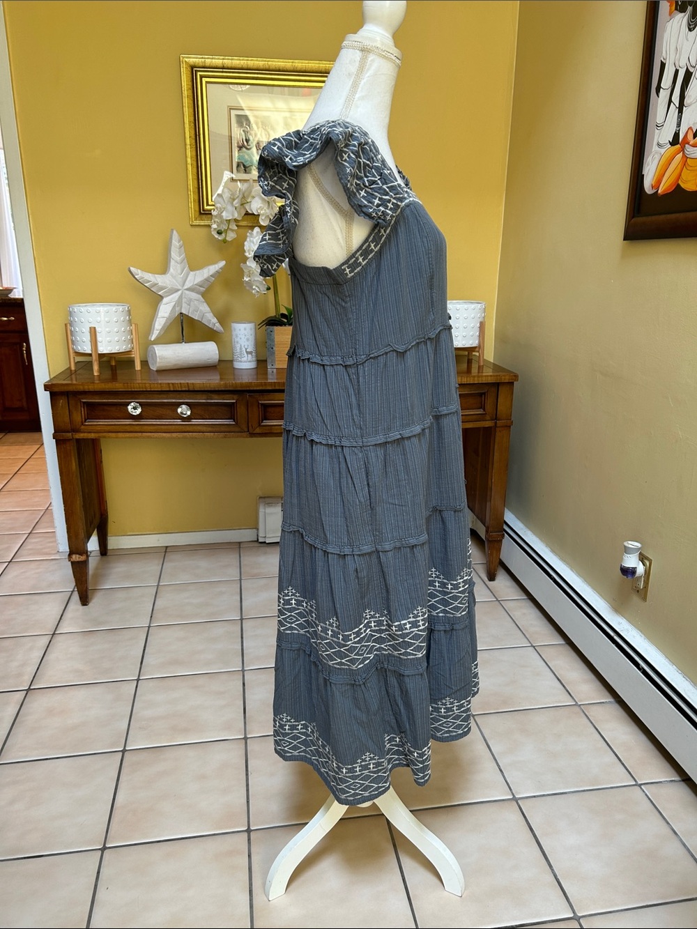 Knox Rose Square Neck Blue Grey Tiered Ruffle Embroidered Cotton LARGE Sundress - Picture 6 of 16